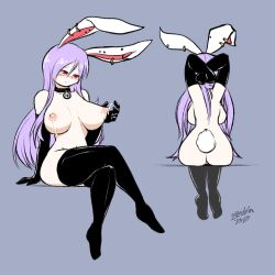Rule 34 | 1girl, 2023, alternate breast size, artist name, ass, blush, breasts, collar, dated, earrings, feet, frown, gloves, jewelry, lactation, large breasts, lavender background, long hair, nipples, purple hair, rabbit ears, rabbit tail, red eyes, reisen udongein inaba, simple background, sitting, socks, zedrin