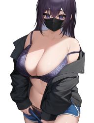 Rule 34 | 1girl, black jacket, black mask, blue eyes, blue shorts, bra, breasts, cleavage, clothes pull, jacket, korean commentary, large breasts, long hair, long sleeves, looking at viewer, mask, momera, mouth mask, off shoulder, open clothes, open jacket, original, panties, purple bra, purple hair, purple panties, shorts, shorts pull, simple background, solo, underwear, white background