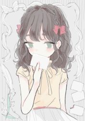 Rule 34 | 1girl, black hair, blush, bow, commentary request, covering own mouth, green eyes, hair bow, highres, makyuuu (mmdy), pleated skirt, ribbon, shirt, sketch, skirt, solo, upper body, yellow ribbon, yellow shirt