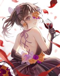 Rule 34 | 1girl, alcohol, alternate costume, black dress, black gloves, black hair, butterfly hair ornament, cup, dress, drinking glass, elbow gloves, flower, gloves, hair ornament, highres, holding, holding cup, kimetsu no yaiba, leaf, long hair, looking at viewer, purple eyes, side ponytail, solo, tsuyuri kanao, user hjkt8883, wine, wine glass