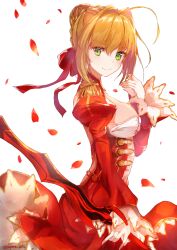 Rule 34 | 1girl, aestus estus, ahoge, blonde hair, bow, braid, epaulettes, fate/extra, fate/grand order, fate (series), french braid, hair bow, hair intakes, highres, looking at viewer, nero claudius (fate), nero claudius (fate) (all), nero claudius (fate/extra), petals, puffy sleeves, red bow, smile, solo, supera, sword, weapon, white background, wide sleeves, wind