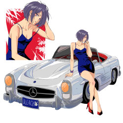 Rule 34 | 1girl, absurdres, alternate costume, animal print, arm support, bare arms, bare shoulders, black hair, bleach, blue dress, bracelet, breasts, car, cleavage, collarbone, commentary, contemporary, copyright name, crossed legs, dress, english commentary, eyelashes, eyes visible through hair, fingernails, full body, hand up, head tilt, high heels, highres, hip vent, jewelry, kuchiki rukia, looking at viewer, looking to the side, mercedes-benz, mercedes-benz 300sl, motor vehicle, multiple views, parted lips, profile, purple eyes, rabbit print, red background, red footwear, red lips, short dress, short hair, simple background, sitting, sleeveless, sleeveless dress, small breasts, spaghetti strap, straight hair, strap slip, thighs, tsurime, twitter username, white background, yshjsw