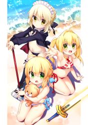 Rule 34 | 3girls, ahoge, artoria pendragon (alter swimsuit rider) (fate), artoria pendragon (alter swimsuit rider) (second ascension) (fate), artoria pendragon (fate), artoria pendragon (swimsuit archer) (fate), artoria pendragon (swimsuit archer) (first ascension) (fate), bare arms, bare legs, bare shoulders, barefoot, beach, bikini, black bikini, black bow, black jacket, blonde hair, blue bow, blush, bow, braid, breasts, chihiro (khorosho), closed mouth, collarbone, commentary request, day, excalibur (fate/stay night), fate/grand order, fate (series), green eyes, hair between eyes, hair bow, hair intakes, hood, hood down, hooded jacket, jacket, long hair, looking at viewer, maid headdress, medium breasts, mop, multiple girls, nero claudius (fate), nero claudius (fate) (all), nero claudius (swimsuit caster) (fate), open clothes, open jacket, outdoors, outstretched arm, pixiv fate/grand order contest 2, sand, sandals, seiza, shoe soles, sidelocks, sitting, standing, striped bikini, striped clothes, stuffed animal, stuffed lion, stuffed toy, swimsuit, twintails, water, white bikini, white footwear