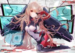 Rule 34 | 1girl, absurdres, blonde hair, bodysuit, breasts, expressionless, eyepatch, hair ornament, hairclip, highres, long hair, looking at viewer, lying, nemesis (tower of fantasy), on side, red eyes, small breasts, solo, taymy, tower of fantasy