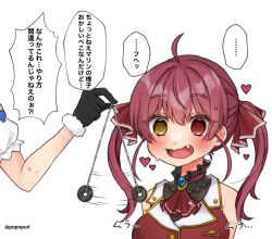 Rule 34 | 2girls, @ @, afterimage, ahoge, ascot, black gloves, blush, buttons, commentary request, cropped jacket, fang, gloves, hair ribbon, heart, heterochromia, highres, holding, holding string, hololive, hololive fantasy, houshou marine, houshou marine (1st costume), hypnosis, jacket, leotard, leotard under clothes, mind control, motion lines, multiple girls, open mouth, pendulum, popo (popopuri), red ascot, red jacket, ribbon, sleeveless, sleeveless jacket, string, sweat, tongue, translation request, twintails, twitter username, usada pekora, virtual youtuber, white background