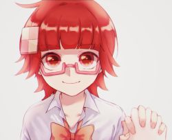 Rule 34 | 10s, 1girl, bad id, bad pixiv id, blunt bangs, bow, bowtie, closed mouth, collared shirt, glasses, grey background, hair ornament, holding hands, looking at viewer, loose bowtie, melonpan 150-en, pink-framed eyewear, red bow, red bowtie, red eyes, red hair, seki ayame, semi-rimless eyewear, shirt, short hair, simple background, smile, solo focus, stella no mahou, under-rim eyewear, upper body, white shirt, wing collar