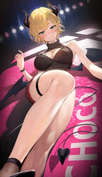 Rule 34 | 1girl, bare shoulders, black horns, black wings, blonde hair, breast tattoo, breasts, cleavage, cleavage cutout, clothing cutout, commentary request, demon horns, demon tail, demon wings, green eyes, highres, hololive, horns, kakage, large breasts, looking at viewer, low wings, lying, official alternate costume, official alternate hairstyle, on back, ribbed sweater, short hair, sleeveless, sleeveless sweater, solo, sweater, tail, tattoo, thigh strap, thighs, virtual youtuber, wings, yuzuki choco, yuzuki choco (streetwear)