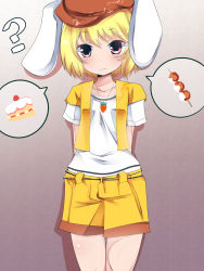 Rule 34 | 1girl, :3, ?, adapted costume, animal ears, arms behind back, blonde hair, cake, carrot necklace, collarbone, cowboy shot, dango, doku corne, flat cap, floppy ears, food, gradient background, hat, highres, jewelry, light smile, looking at viewer, necklace, pendant, rabbit ears, red eyes, ringo (touhou), shadow, short hair, short sleeves, shorts, simple background, skewer, solo, speech bubble, standing, strawberry shortcake, tareme, thigh gap, touhou, vest, wagashi