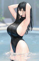 Rule 34 | 1girl, armpits, arms behind head, arms up, bare shoulders, black hair, black one-piece swimsuit, breasts, closed eyes, collarbone, hayabusa, highleg, highleg swimsuit, highres, large breasts, long hair, mole, mole under mouth, one-piece swimsuit, open mouth, original, sideboob, solo, standing, swimsuit, wading, water, wet