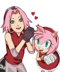 Rule 34 | 2girls, akatsukiarts, amy rose, black gloves, color connection, crossover, furry, furry female, gloves, green eyes, haruno sakura, heart, multiple girls, naruto (series), naruto shippuuden, open mouth, pink hair, red hair, simple background, smile, sonic (series), trait connection, white background, white gloves