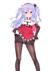 Rule 34 | 1girl, ajax (azur lane), azur lane, bad id, bad pixiv id, beret, black pantyhose, blush, breasts, clothes pull, detached sleeves, hat, highres, itou ayachi, long hair, looking at viewer, panties, panties under pantyhose, pantyhose, pantyhose pull, purple hair, red eyes, ribbon, small breasts, solo, twintails, underwear, white background