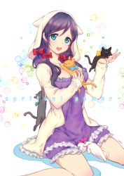 Rule 34 | 10s, 1girl, animal hood, aqua eyes, between breasts, bittersweet (dalcoms), blush, breasts, cat, frills, highres, hood, long hair, looking at viewer, love live!, love live! school idol festival, love live! school idol project, medium breasts, nightgown, open mouth, pajamas, purple hair, sitting, solo, tojo nozomi, twintails, wariza