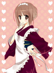 Rule 34 | 1girl, apron, brown hair, heart, japanese clothes, maid, maid apron, original, sesena yau, solo, wa maid