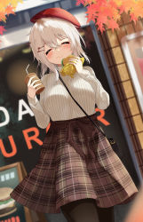 Rule 34 | 1girl, absurdres, autumn leaves, blurry, blurry background, blush, burger, closed eyes, closed mouth, cowboy shot, drink, food, hair ornament, hairclip, hands up, hat, highres, holding, holding food, igayan, long sleeves, medium hair, original, pantyhose, plaid, plaid skirt, sidelocks, skirt, solo, standing, sweater, turtleneck