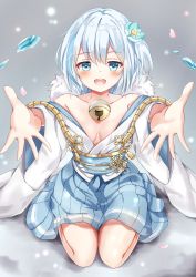 Rule 34 | 1girl, :d, bare shoulders, bell, blue eyes, blue flower, blue hair, blue skirt, blush, breasts, breasts apart, collarbone, commentary request, falling petals, flower, flower knot, fur collar, gold trim, grey background, hair between eyes, hair flower, hair ornament, highres, icicle, incoming hug, japanese clothes, jingle bell, kimono, light blue hair, light particles, looking at viewer, medium hair, multicolored hair, obi, off shoulder, one side up, open mouth, outstretched arms, petals, pleated skirt, sash, seiza, sennen sensou aigis, sitting, skirt, small breasts, smile, snowflake ornament, solo, streaked hair, tassel, white hair, white kimono, wide sleeves, yukihime (sennen sensou aigis), yukino siduku