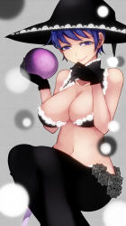 Rule 34 | 1girl, alternate costume, aoshima, bare shoulders, black bra, black gloves, black pantyhose, blob, bra, breasts, cleavage, doremy sweet, earrings, female focus, gloves, half-closed eyes, hat, highres, jewelry, lace, lace-trimmed bra, lace trim, large breasts, lips, looking at viewer, navel, pantyhose, purple eyes, purple hair, smile, solo, touhou, underwear, underwear only, witch hat