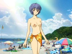 Rule 34 | ayanami raising project, ayanami rei, beach, blue hair, breasts, cleft of venus, neon genesis evangelion, nude, nude filter, red eyes, solo, swimsuit, third-party edit, zenra