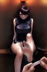 Rule 34 | 1girl, arms behind back, bandaid, bare legs, barefoot, black dress, black hair, blurry, blurry foreground, blush, breasts, china dress, chinese clothes, closed mouth, depth of field, dress, feet, foot focus, foot out of frame, foot up, highres, komi-san wa komyushou desu, komi shouko, large breasts, leg up, long hair, looking at viewer, nikishiko, pov, pov hands, purple eyes, shoes, unworn shoes, sitting, soles, steam, thighs, toes