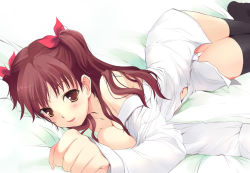 Rule 34 | 1girl, ayakaze ryuushou, bare shoulders, bed, blush, bow, breast press, breasts, brown eyes, cleavage, dress shirt, large breasts, long hair, lying, navel, ogata rina, on side, panties, red hair, ribbon, shirt, solo, thighhighs, twintails, underwear, white album, white album (series)