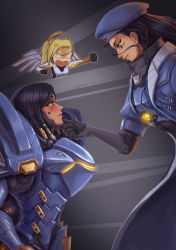 Rule 34 | 3girls, absurdres, aged down, alternate costume, ana (overwatch), angry, armor, beret, black hair, blush, captain amari, dark-skinned female, dark skin, eye contact, hand on another&#039;s face, hat, highres, incest, jealous, looking at another, mercy (overwatch), mother and daughter, multiple girls, nairobi song, official alternate costume, overwatch, overwatch 1, pharah (overwatch), power armor, time paradox, yuri