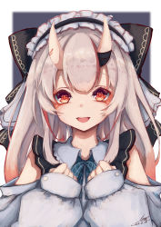 Rule 34 | 1girl, :d, absurdres, bare shoulders, bow, clenched hands, clothing cutout, fang, frilled hairband, frills, gradient hair, grey hair, hair bow, hairband, highres, hololive, horns, inre kemomimi, lolita fashion, lolita hairband, long hair, long sleeves, looking at viewer, multicolored hair, nakiri ayame, nakiri ayame (girly), neck ribbon, oni, open mouth, orange eyes, red eyes, red hair, ribbon, shoulder cutout, skin-covered horns, sleeves past wrists, smile, solo, sweet lolita, teeth, upper body, upper teeth only, virtual youtuber