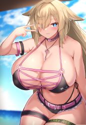 Rule 34 | 1girl, :3, animal ears, bare shoulders, belt, bikini, black bikini, black collar, black shorts, blue eyes, blue nails, breasts, cleavage, closed mouth, collar, curvy, cutoffs, day, hair over one eye, heart collar, highres, huge breasts, jewelry, key, key necklace, light brown hair, light smile, long hair, looking at viewer, micro shorts, nail polish, necklace, original, outdoors, pink belt, shorts, side-tie bikini bottom, solo, summer, swimsuit, thick thighs, thigh strap, thighs, tylwing, v, wide hips
