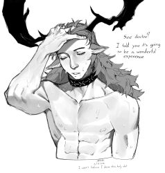 Rule 34 | 1boy, abs, absurdres, antlers, arknights, closed eyes, czerny (arknights), greyscale, highres, horns, long hair, male focus, mobrinono, monochrome, muscular, muscular male, nipples, nude, pectorals, solo, wet