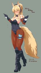 Rule 34 | 1girl, alternate costume, animal ear fluff, animal ears, arknights, bare shoulders, black bow, black bowtie, black footwear, black gloves, black leotard, blonde hair, blush, boots, bow, bowtie, breasts, brown pantyhose, character name, cleavage, closed mouth, commentary, covered navel, dated, detached collar, earpiece, embarrassed, full body, gloves, grey background, hair between eyes, high heel boots, high heels, highres, horse ears, horse girl, horse tail, konigstigerchan, leotard, lungmen dollar, medium breasts, medium hair, motion lines, nearl (arknights), nervous smile, nontraditional playboy bunny, pantyhose, playboy bunny, ponytail, sidelocks, simple background, smile, solo, sweat, sweatdrop, nervous sweating, tail, thigh strap, trembling, twitter username, walking, wavy mouth