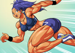 Rule 34 | 1girl, :d, abs, ass, bandaid, bare arms, bike shorts, blue eyes, blue hair, breasts, captain mizuki, earrings, jewelry, midriff, muscular, muscular female, one-punch man, open mouth, pokkuti, ponytail, running, shoes, smile, sneakers, solo, speed lines, thick thighs, thighs, toned, wristband