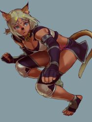Rule 34 | 1girl, 2021, absurdres, animal ear fluff, animal ears, artist name, blue background, cat ears, cat girl, cat tail, clenched hands, dark-skinned female, dark skin, dated, elbow gloves, final fantasy, final fantasy xi, fingerless gloves, gloves, highres, mithra (ff11), no eyebrows, parted bangs, purple gloves, simple background, solo, tail, toeless footwear, yuccoshi