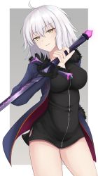 Rule 34 | 1girl, ahoge, bad id, bad pixiv id, black dress, blue coat, breasts, coat, cowboy shot, dress, fate/grand order, fate (series), fur trim, hair between eyes, highres, holding, holding sword, holding weapon, jeanne d&#039;arc (fate), jeanne d&#039;arc alter (fate), jeanne d&#039;arc alter (ver. shinjuku 1999) (fate), large breasts, long hair, looking at viewer, nankaichimu, official alternate costume, open clothes, open coat, parted lips, short dress, silver hair, smile, solo, standing, sword, weapon, yellow eyes