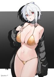 Rule 34 | 1girl, absurdres, bikini, black coat, border, breasts, character request, cleavage, coat, collar, collarbone, copyright request, gold bikini, grey background, highres, mare funo, metal collar, navel, off shoulder, open clothes, red eyes, short hair, solo, swimsuit, twitter username, white border, white hair