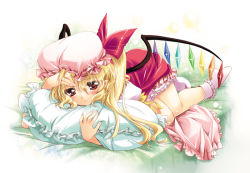 Rule 34 | 1girl, blonde hair, blush, bow, female focus, flandre scarlet, frilled pillow, frilled socks, frills, hat, kanna (plum), long hair, non-web source, pillow, pointy ears, ponytail, red eyes, revision, side ponytail, skirt, socks, solo, touhou, wings