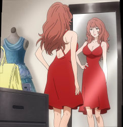 Rule 34 | 1girl, breasts, brown eyes, brown hair, cleavage, dress, highres, large breasts, lipstick, long hair, lupin iii, lupin iii part 6, makeup, mine fujiko, mirror, red dress, stitched, third-party edit
