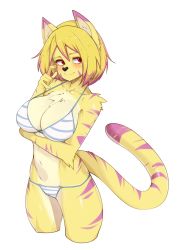 Rule 34 | 1girl, animal ears, bad id, bad twitter id, bikini, blonde hair, body fur, breasts, closed mouth, collarbone, furry, furry female, hand up, highres, large breasts, looking to the side, navel, original, red eyes, short hair, simple background, slugbox, solo, striped bikini, striped clothes, swimsuit, tail, tiger ears, tiger tail, white background, white bikini