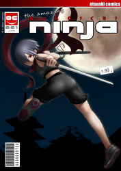 Rule 34 | 1girl, ass, bad id, bad pixiv id, blue hair, cover, fake cover, full moon, hair over one eye, highres, looking back, midriff, moon, night, ninja, original, otsuaki, pagoda, red eyes, scabbard, scarf, sheath, shoes, short hair, shorts, silhouette, sneakers, solo, sword, tree, weapon