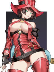 Rule 34 | 1girl, bare shoulders, black hair, black panties, boots, breasts, contrapposto, cowboy shot, detached sleeves, fingerless gloves, from above, from below, gloves, gluteal fold, green eyes, guilty gear, guitar, halterneck, hat, highres, i-no, instrument, kumiko shiba, large breasts, lips, long sleeves, looking at viewer, looking down, mole, mole above mouth, nail polish, o-ring, o-ring top, panties, parted lips, red footwear, red hat, red nails, short hair, solo, standing, thigh boots, thighhighs, tsurime, two-tone background, underboob, underwear