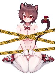 Rule 34 | 1girl, :&lt;, absurdres, air jordan, air jordan 1, animal ear hairband, animal ears, armpit crease, artist request, bell, between legs, black hairband, blush, bow, bowtie, breasts, brown hair, cat ear hairband, cat ears, cat tail, caution tape, censored, cleavage, commentary request, detached collar, fake animal ears, full body, groin, hair between eyes, hairband, hand between legs, head tilt, highres, jingle bell, keep out, korean commentary, large breasts, looking at viewer, mole, mole on breast, mole under eye, navel, nike (company), nude, original, prunechi, red bow, red bowtie, red eyes, red footwear, second-party source, shadow, shoes, short hair, simple background, sitting, sneakers, solo, stomach, tail, tail bell, tail bow, tail ornament, tape censor, thick thighs, thighhighs, thighs, v arms, wariza, white background, white thighhighs, white wrist cuffs, wing collar, wrist cuffs