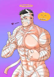 Rule 34 | 1boy, abs, bandage over one eye, bandages, bara, bare pectorals, black hair, blowing kiss, bulge, come hither, cowboy shot, facial hair, gradient background, halloween, halloween costume, halo, jack-o&#039;-lantern, large pectorals, looking at viewer, male focus, mature male, mummy costume, muscular, muscular male, naked bandage, nipples, official alternate costume, pectorals, pikako182, puckered lips, short hair, solo, strongman waist, stubble, thick thighs, thighs, tokyo houkago summoners, wink heart, yellow eyes, zabaniyya (halloween) (housamo), zabaniyya (housamo)