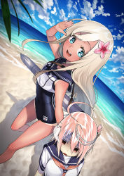 Rule 34 | 10s, 2girls, :d, ahoge, beach, blonde hair, blue eyes, character name, cloud, day, dragging, dutch angle, empty eyes, fisheye, flower, giving up the ghost, hair flower, hair ornament, horizon, i-58 (kancolle), kantai collection, leg up, long hair, looking at viewer, multiple girls, ocean, one-piece swimsuit, open mouth, outdoors, ro-500 (kancolle), sailor collar, salute, school swimsuit, school uniform, serafuku, short hair, sky, smile, standing, standing on one leg, swimsuit, swimsuit under clothes, tan, tanline, torpedo, turn pale, unowen, water