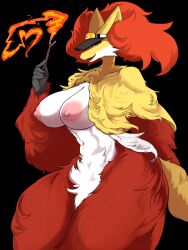 Rule 34 | 1girl, absurdres, animal ear fluff, animal ears, animal nose, artist name, black background, black hat, body fur, breasts, clothed pokemon, collarbone, cowboy shot, creatures (company), dated, delphox, delphox (orange unite), female focus, fire, fox ears, fox girl, fox tail, furry, furry female, game freak, gen 6 pokemon, half-closed eyes, hand up, happy, hat, heart, highres, holding, holding stick, large breasts, looking at viewer, mole, mole under eye, multicolored fur, navel, nintendo, nipples, open mouth, poke ball symbol, pokemon, pokemon (creature), pokemon unite, profile, pyrokinesis, red eyes, red fur, sharp teeth, signature, simple background, smile, snout, solo, standing, stick, stomach, tail, taphris, teeth, thick thighs, thighs, visor cap, white fur, wide hips, yellow fur
