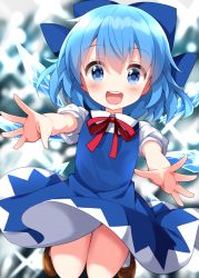 Rule 34 | 1girl, blue bow, blue dress, blue eyes, blue hair, blush, bow, brown footwear, cirno, collared shirt, detached wings, dress, fairy, full body, hair between eyes, hair bow, highres, ice, ice wings, open mouth, puffy short sleeves, puffy sleeves, ruu (tksymkw), shirt, shoes, short hair, short sleeves, smile, solo, touhou, white shirt, wings