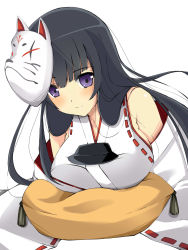 Rule 34 | 1girl, black hair, breasts, highres, japanese clothes, kubota (oshiro project), large breasts, long hair, mask, miko, oshiro project:re, pillow, purple eyes, ribbon trim, upper body