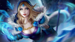 Rule 34 | 1girl, armor, blonde hair, blue cape, blue dress, blue eyes, blue gloves, breasts, cape, cleavage, crystal, crystal maiden, dota (series), dota 2, dress, gloves, holding, holding staff, ice, lipstick, long hair, looking at viewer, makeup, natali-o, pauldrons, short sleeves, shoulder armor, solo, staff, wavy hair