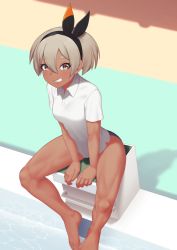 Rule 34 | 1girl, bea (pokemon), black hairband, blush, bow hairband, collared shirt, commentary request, creatures (company), dark-skinned female, dark skin, eyelashes, from above, game freak, grey hair, hair between eyes, hairband, highres, knees apart feet together, looking at viewer, muscular, muscular female, nintendo, pokemon, pokemon swsh, putcher, shirt, short hair, short sleeves, sitting, solo, swimsuit, swimsuit under clothes, teeth, white shirt, yellow eyes