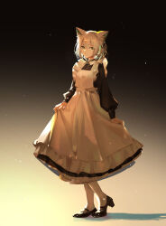 Rule 34 | 1girl, alternate costume, animal ear fluff, animal ears, apron, arknights, black dress, black footwear, closed mouth, collared dress, commentary request, dress, enmaided, frilled apron, frills, full body, green eyes, grey hair, hair between eyes, high heels, highres, kal&#039;tsit (arknights), long sleeves, looking at viewer, maid, maid apron, pantyhose, puffy long sleeves, puffy sleeves, shadow, shoes, solo, white apron, white pantyhose, z4 zzai