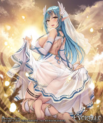 Rule 34 | 1girl, anklet, ass, bare shoulders, barefoot, blue hair, blush, breasts, bridal gauntlets, detached sleeves, dress, evertale, feet, full body, jewelry, large breasts, long hair, looking at viewer, looking back, open mouth, panties, pointy ears, see-through, skirt hold, smile, soles, solo, thighs, underwear, veil, white dress, xe (execut3r), yellow eyes