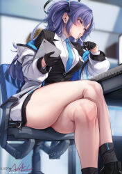 Rule 34 | 1girl, black footwear, black gloves, blue archive, blue eyes, blue necktie, blurry, blurry background, blush, breasts, commentary request, crossed legs, depth of field, gloves, hair ornament, highres, indoors, jacket, kurofude anna, large breasts, long hair, long sleeves, medium breasts, necktie, off shoulder, paid reward available, parted lips, purple hair, shirt, sidelocks, signature, sitting, skirt, solo, thighs, watermark, yuuka (blue archive)