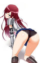 Rule 34 | 1girl, armor, ass, blush, erza scarlet, fairy tail, female focus, gloves, gradient background, grey eyes, jirou (62sand3gemt9), legs, long hair, looking back, panties, red hair, solo, underwear, white background