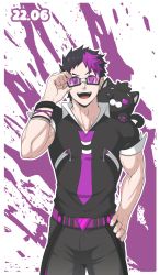 Rule 34 | 1boy, absurdres, belt, biceps, black hair, bracelet, collared shirt, glasses, hand on own hip, heterochromia, highres, inunekostudio, jewelry, male focus, mature male, multicolored hair, muscular, muscular male, open mouth, original, pants, purple hair, shirt, short sleeves, solo, spiked hair, stuffed toy, teeth, tight clothes, tongue